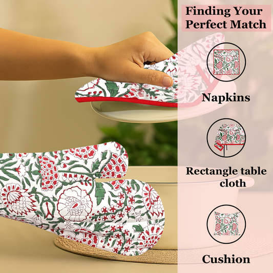 Floral-patterned tablecloth, napkins, and cushion on a beige surface with text 'Finding Your Perfect Match'.