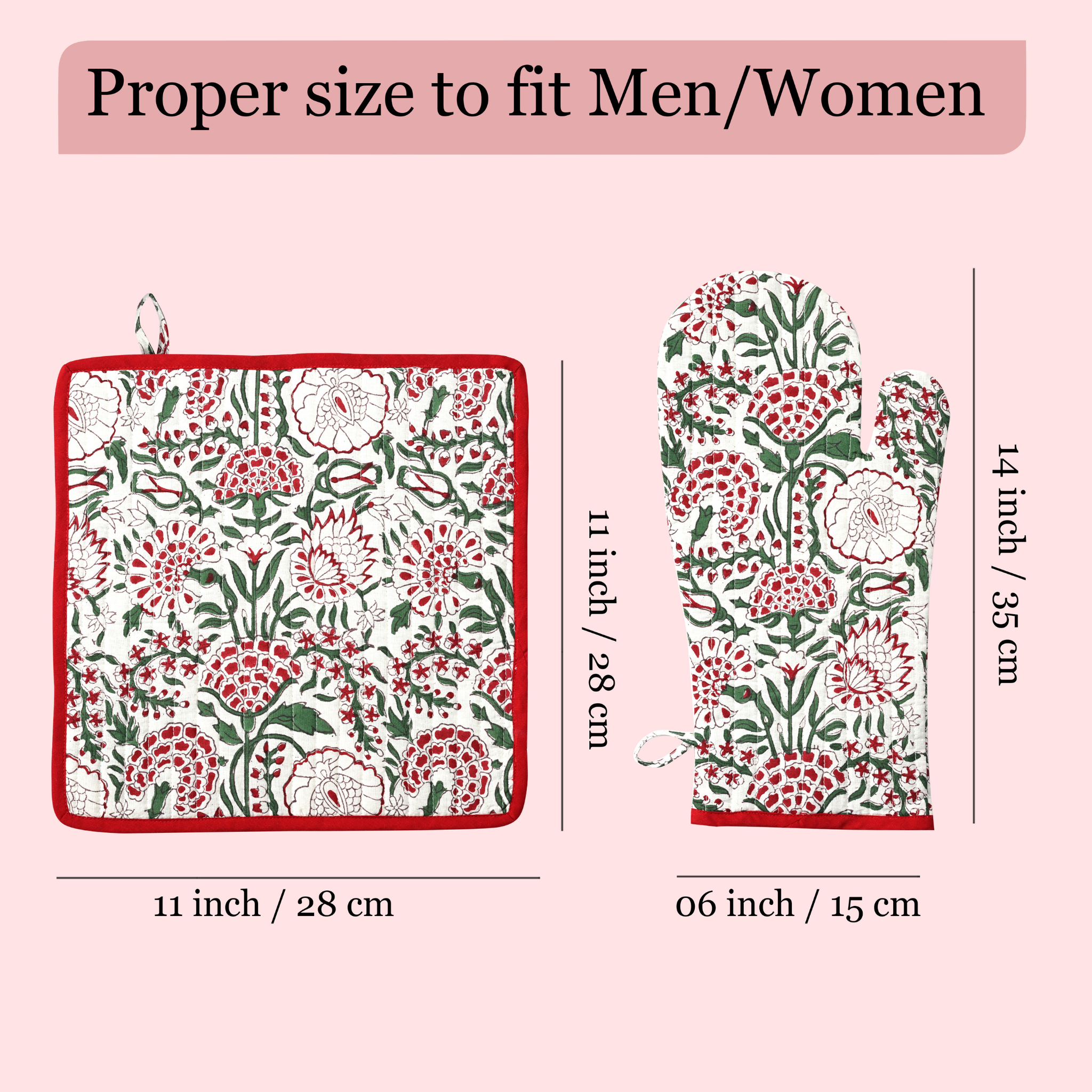 Floral pot holder and oven mitt with measurements on a pink background