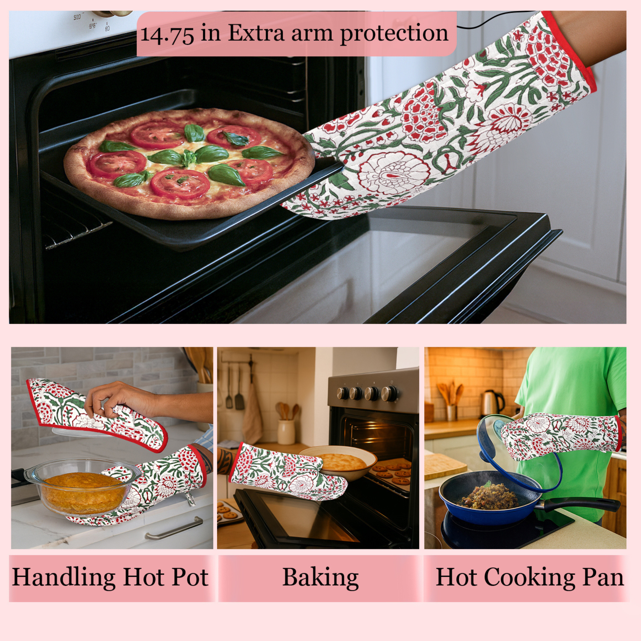 Oven mitt with floral pattern being used to handle hot items in a kitchen setting.