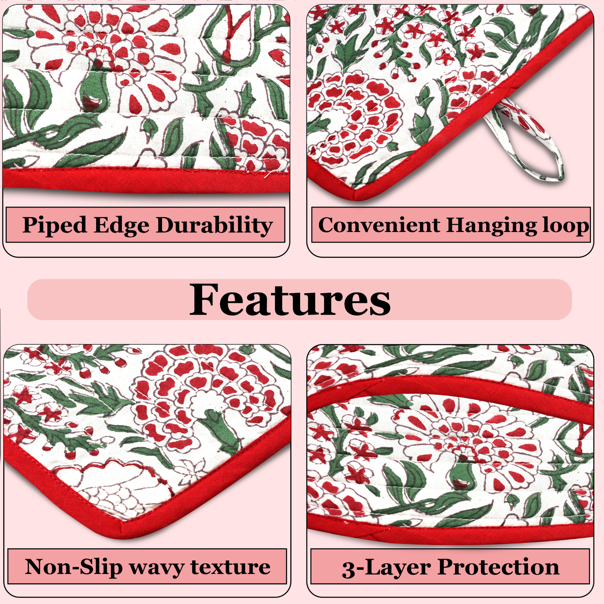 Product with floral pattern and text highlighting features on a pink background