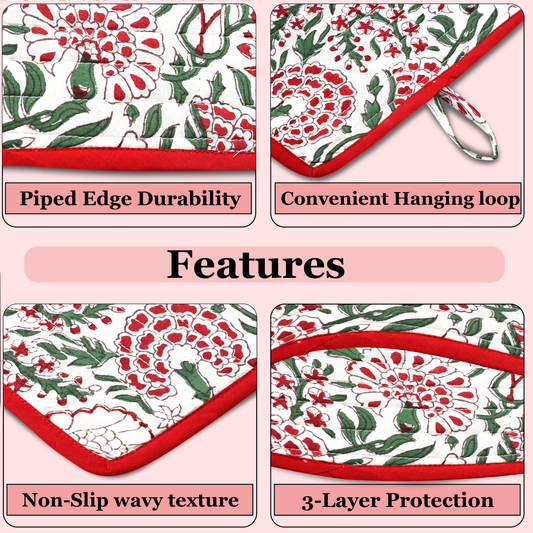 Product with floral pattern and text highlighting features on a pink background