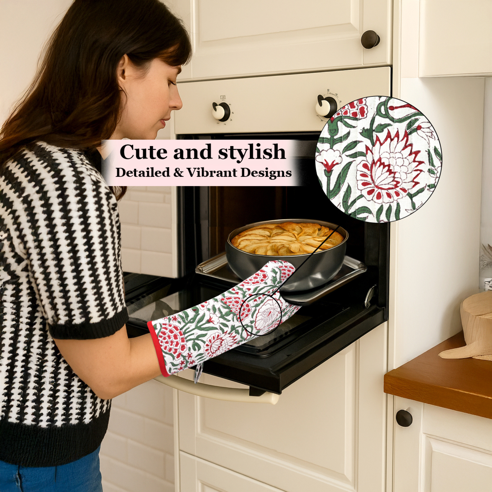 Woman in a kitchen wearing floral oven mitts and glove, with a close-up of the gloves' design.