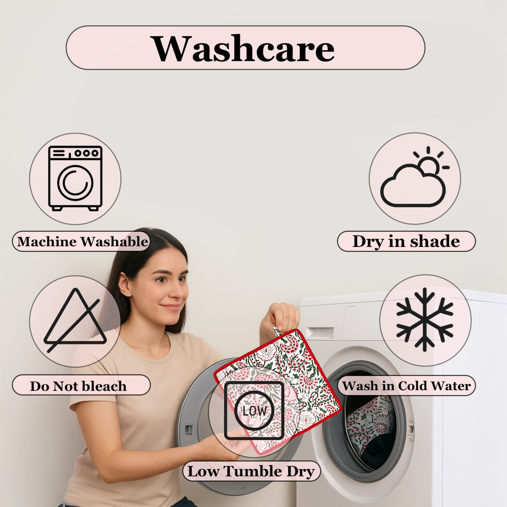 Woman holding a fabric with washing instructions in front of a washing machine, featuring icons and text on a light gray background.
