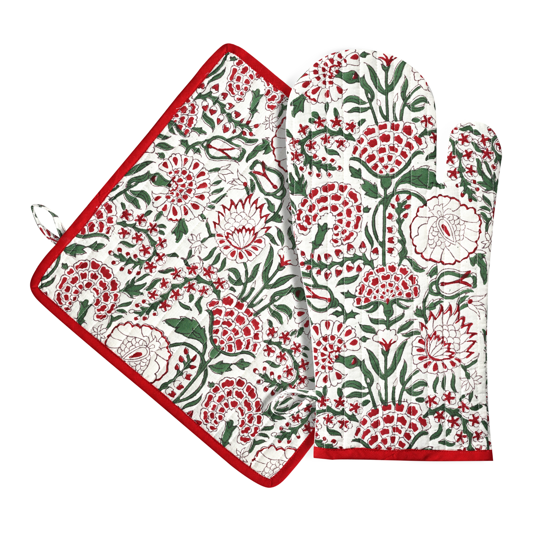 Floral patterned oven mitt and pot holder on a white background