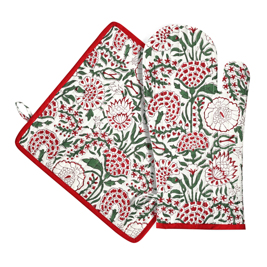 Floral patterned oven mitt and pot holder on a white background