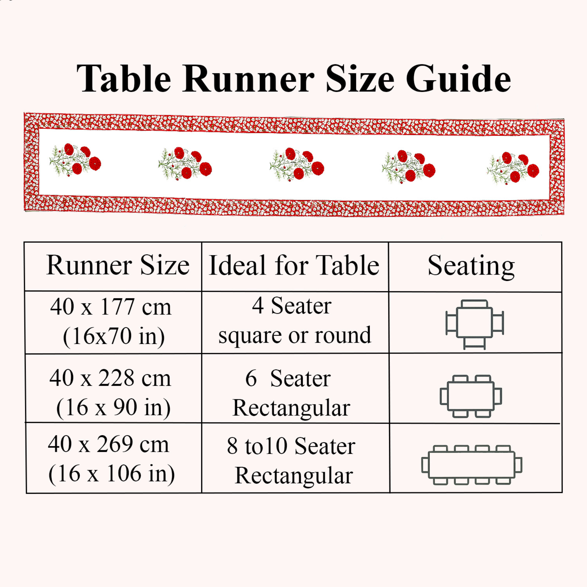 Table runner size guide with illustrations and measurements on a white background