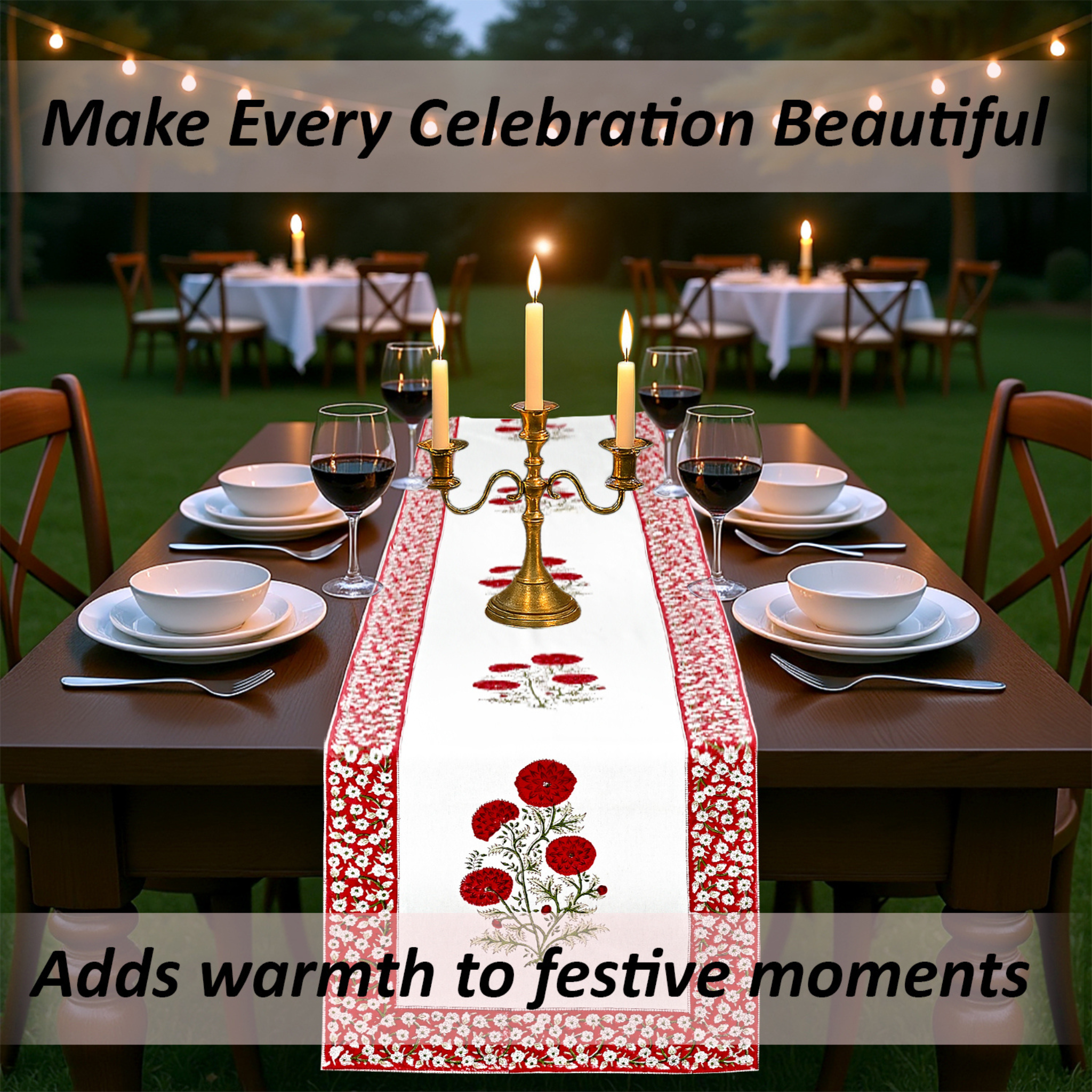 Dining table set with a decorative table runner, candles, and wine glasses outdoors.