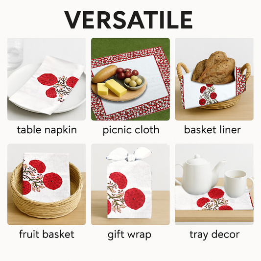 Versatile use of a tablecloth with red floral design on various items including a plate, picnic cloth, basket liner, fruit basket, gift wrap, and tray decor.