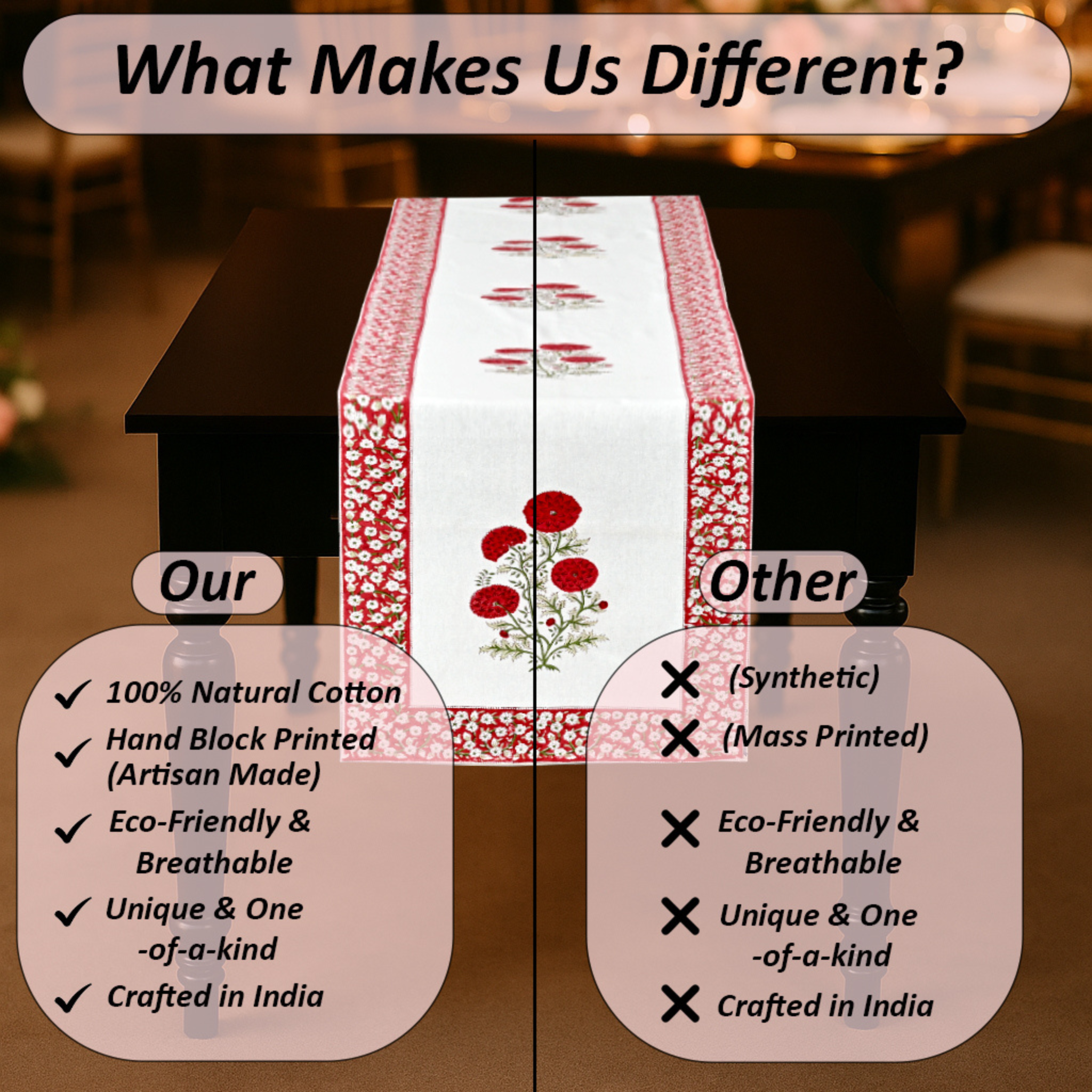 Table runner with floral design on a table, comparing 100% natural cotton to synthetic materials.