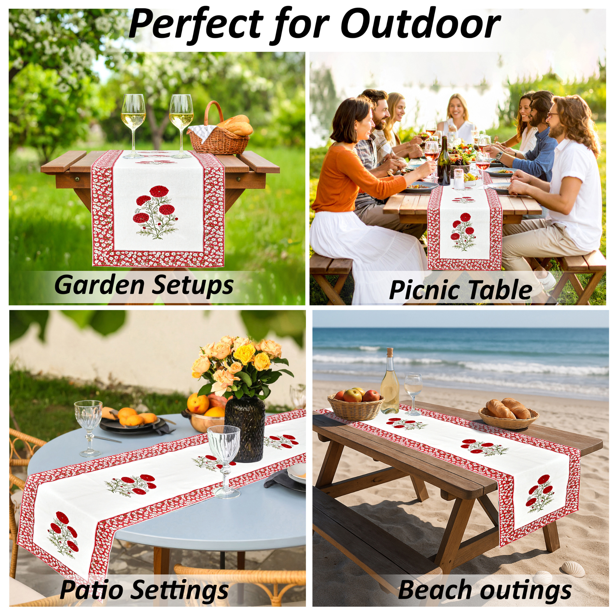 Table runner with floral design used in various outdoor settings including garden, picnic, patio, and beach.