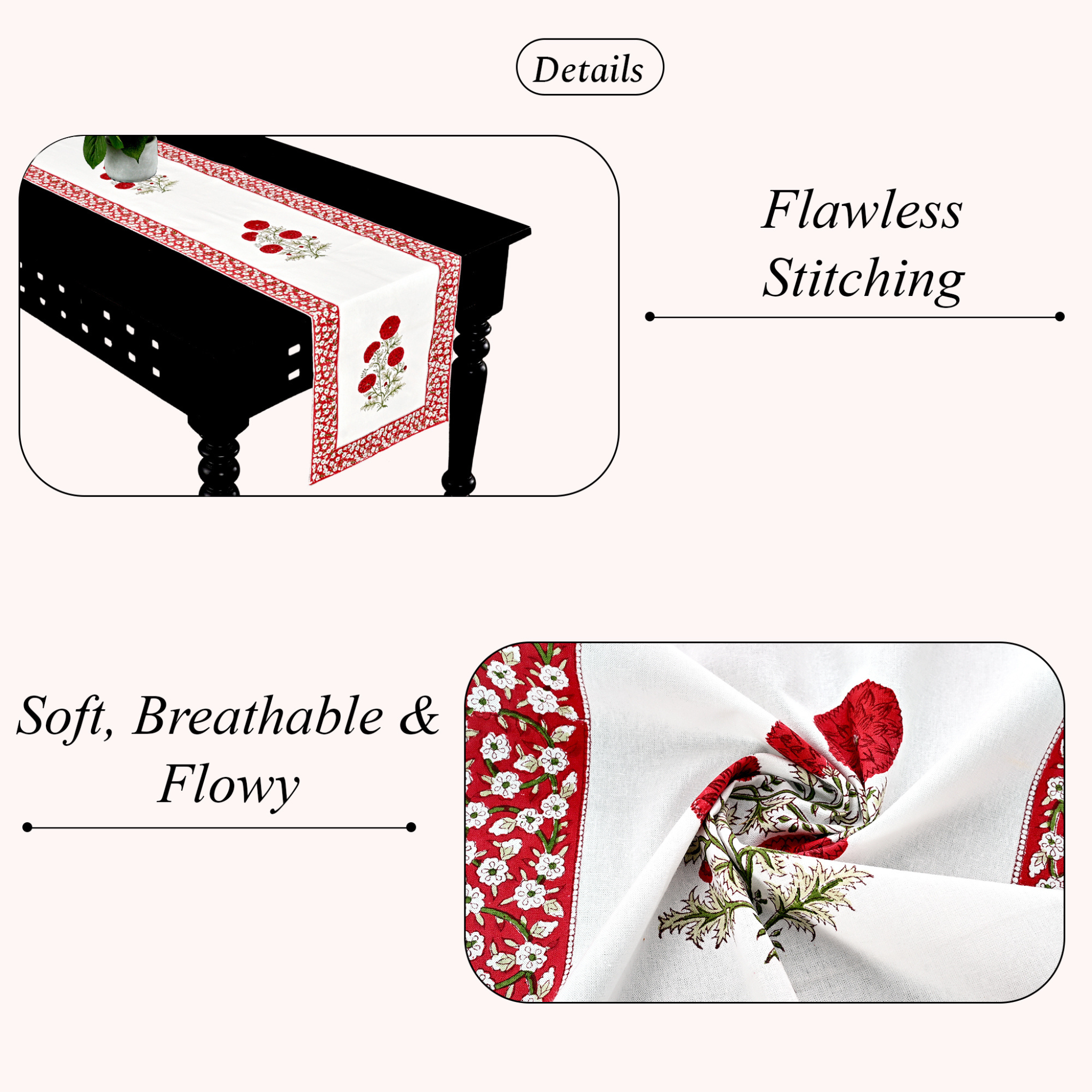 Table runner with floral design on a white background, highlighting stitching quality and material properties.