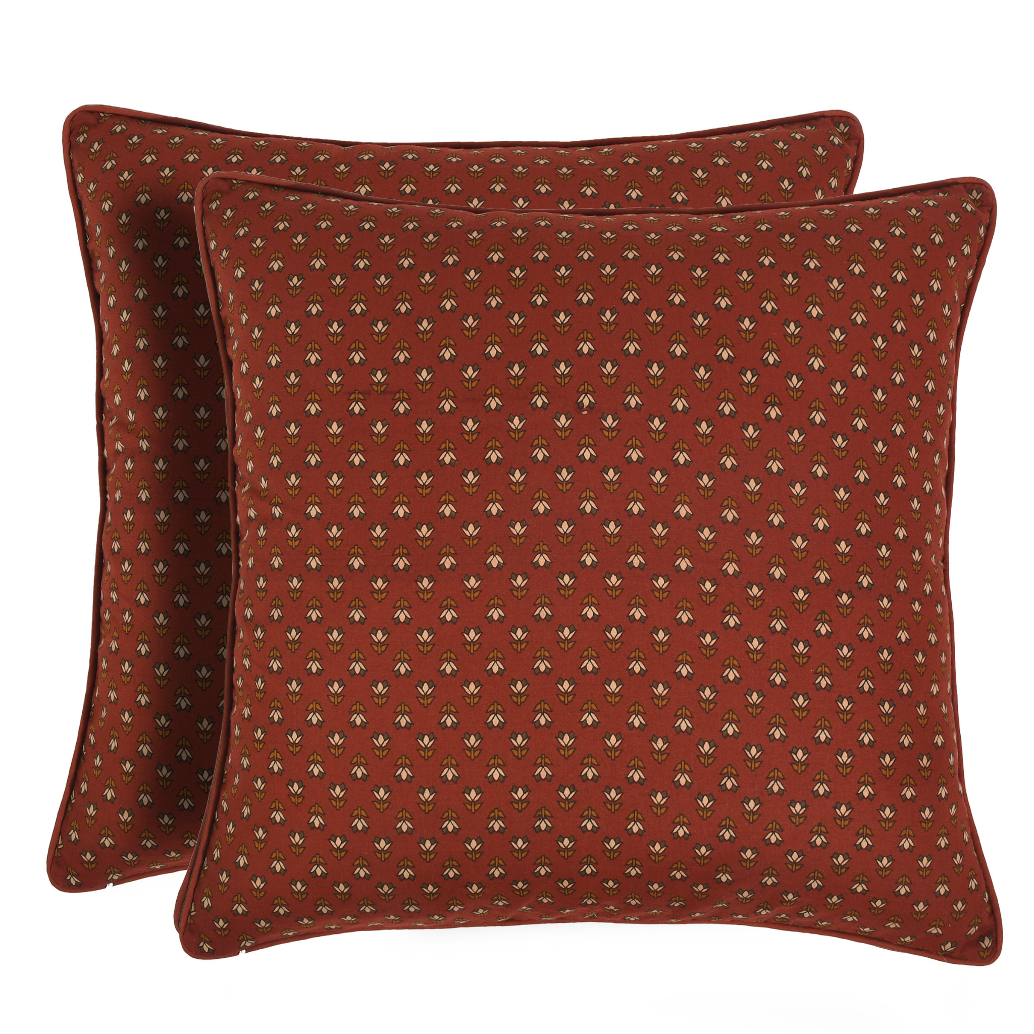 Two red patterned pillows on a white background