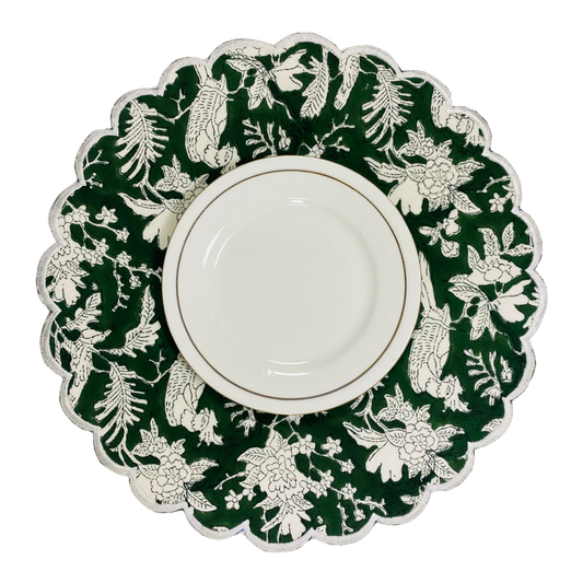 Decorative green placemat with white floral patterns on a white background