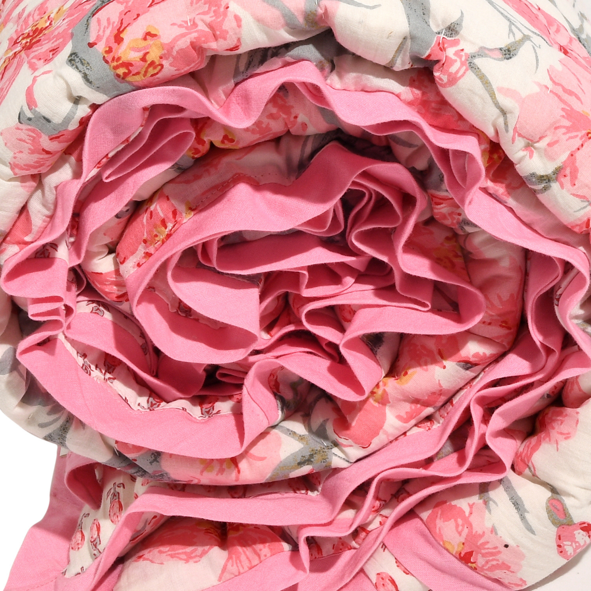 Close-up of pink floral fabric with ruffled texture