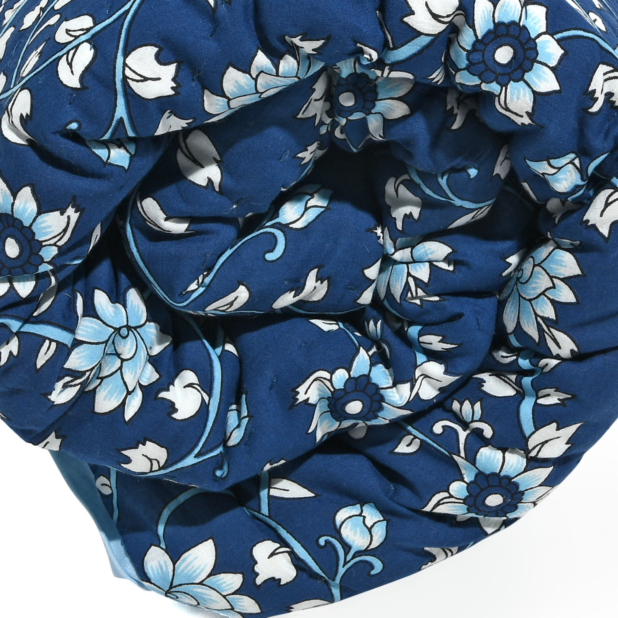 Close-up of blue fabric with floral pattern
