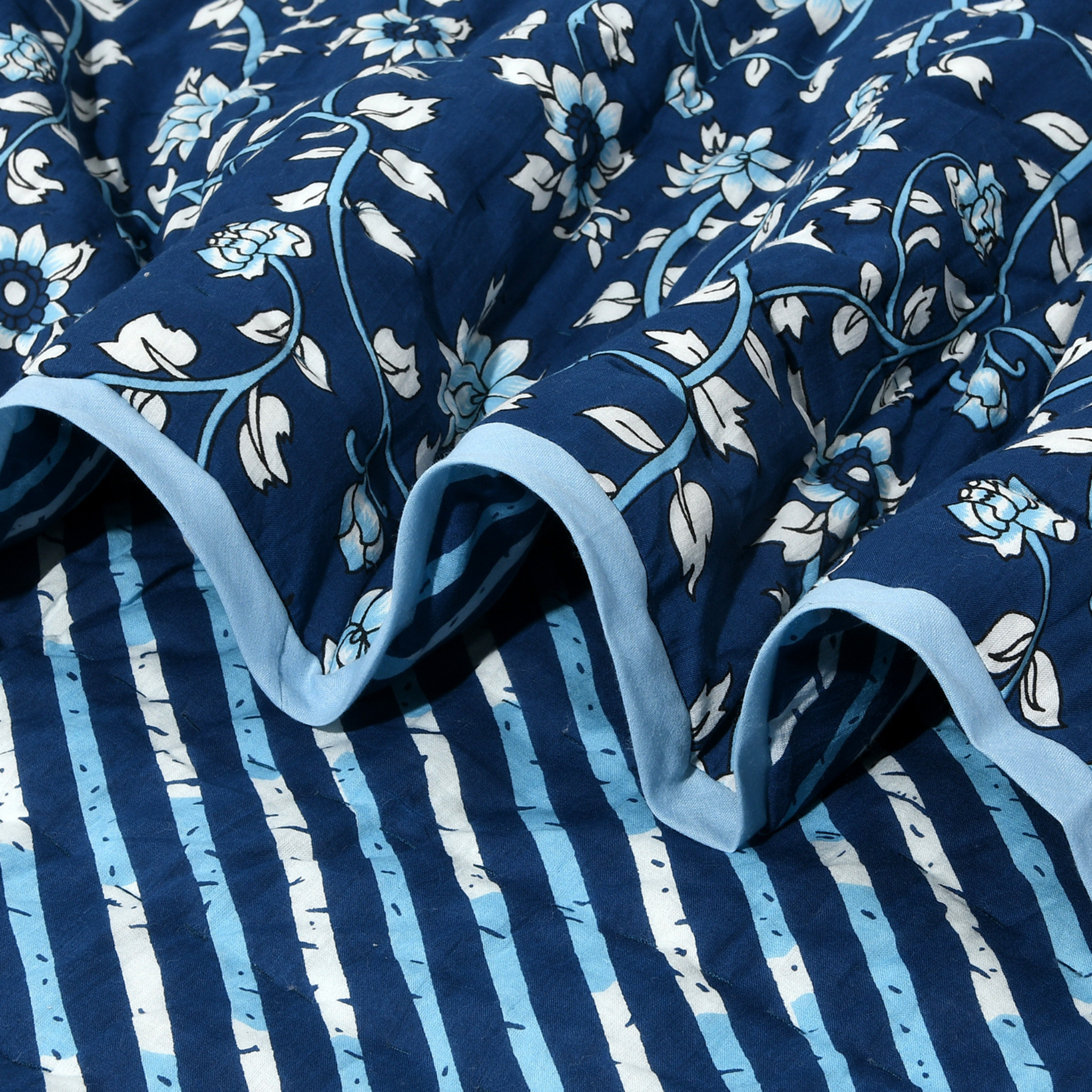 Close-up of blue floral and striped fabric