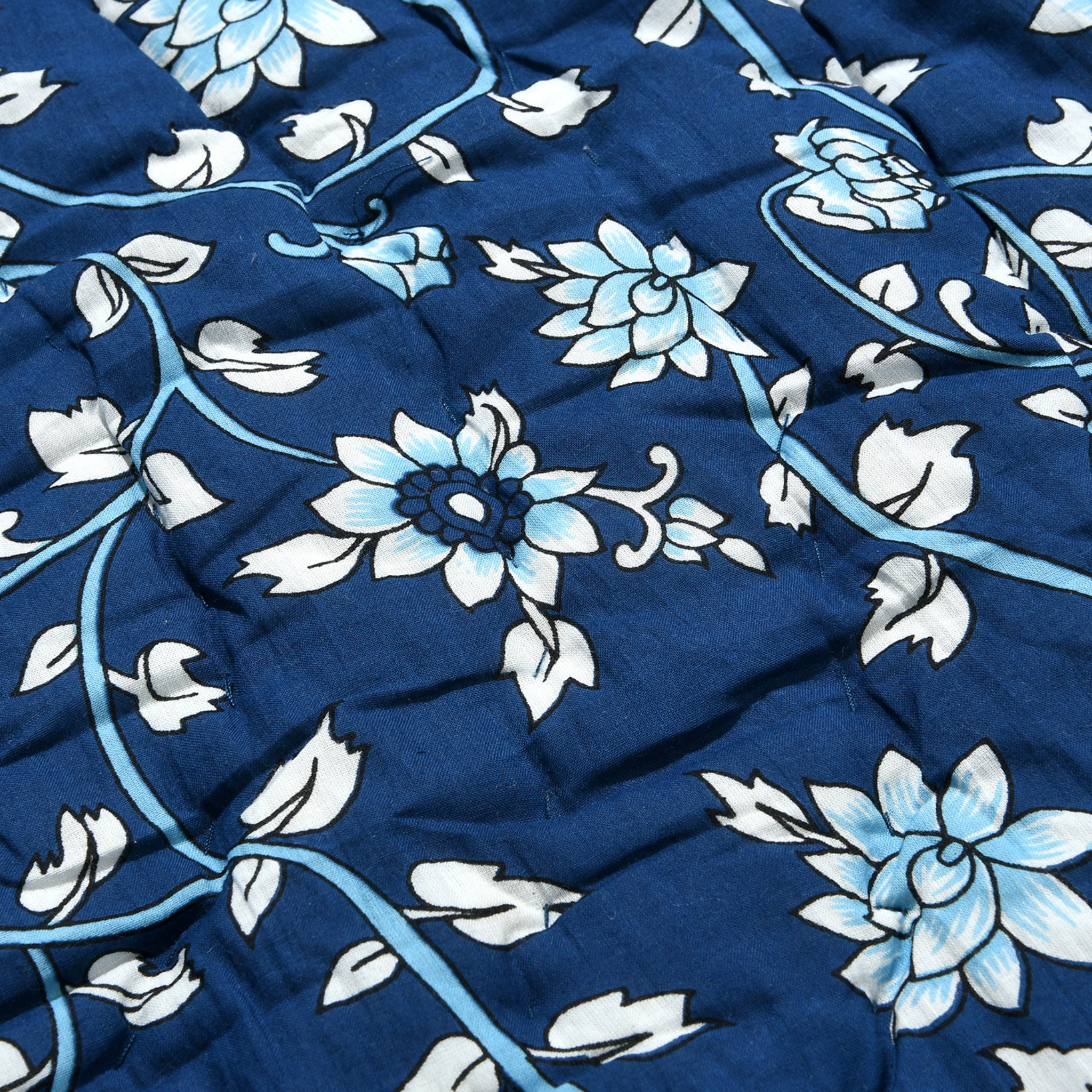 Close-up of blue fabric with white floral patterns