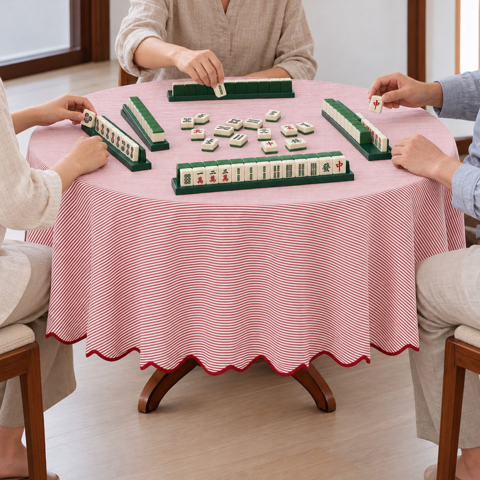 Ruby Red Stripe With Red Scallop Pipping Round Tablecloth