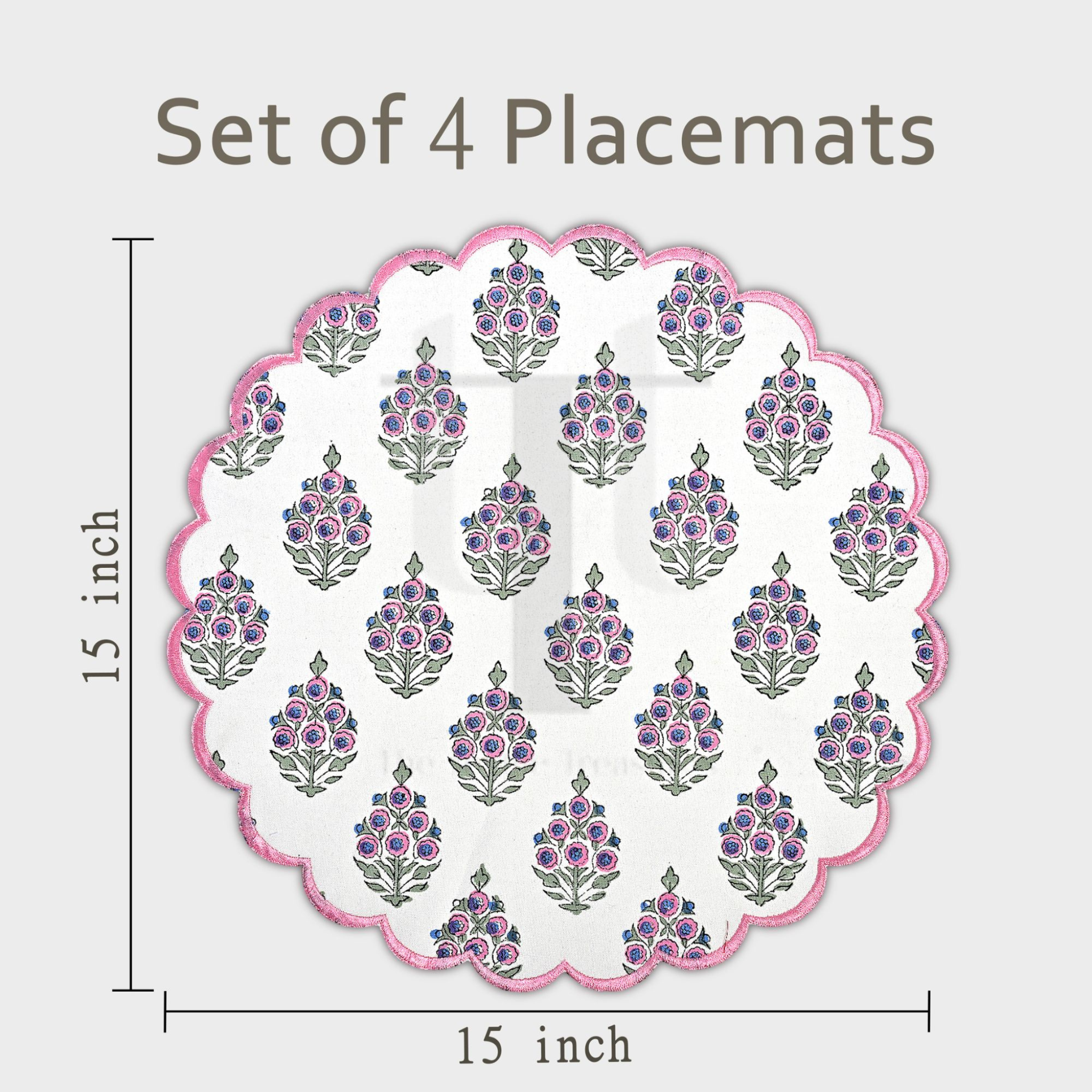 Set of 4 floral placemats with measurements on a white background