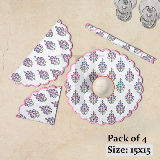 Set of floral table mats and coasters on a beige surface with text indicating 'Pack of 4' and size '15x15'.