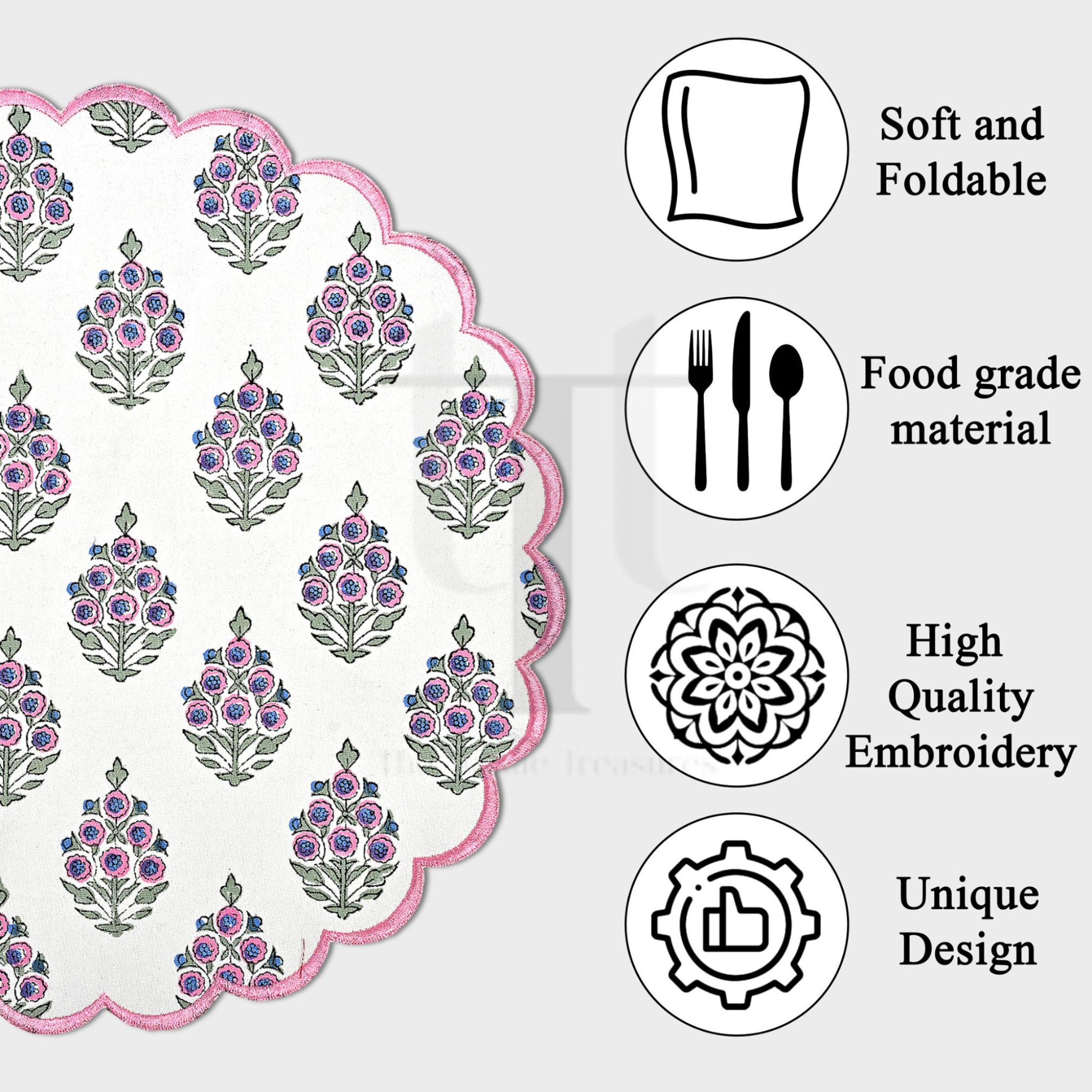 Decorative table mat with floral pattern and quality features listed on a white background