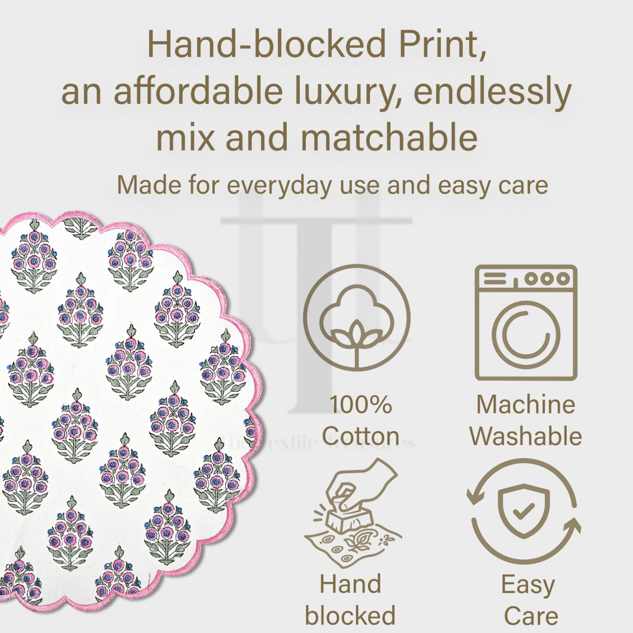 Product description with floral pattern, cotton icons, and care instructions on a light background