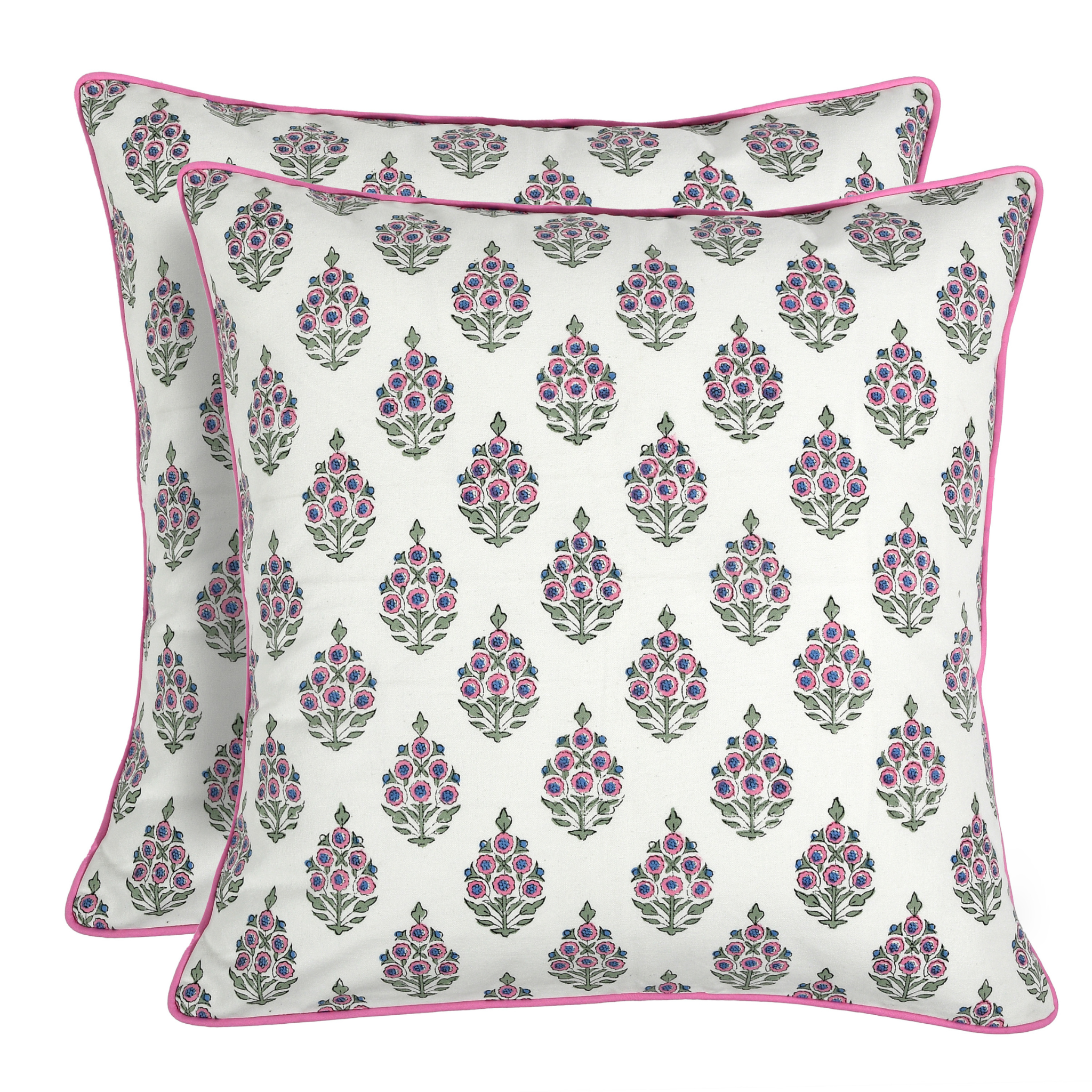 Two floral patterned pillows with pink accents on a white background