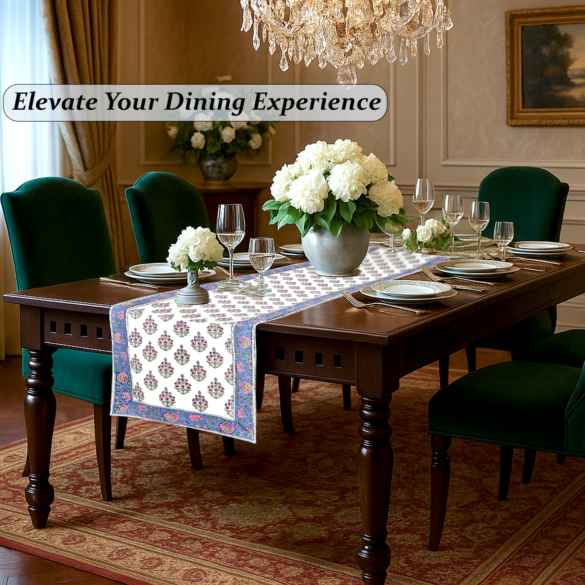 Dining room with a table set for dinner, flowers, and a chandelier.