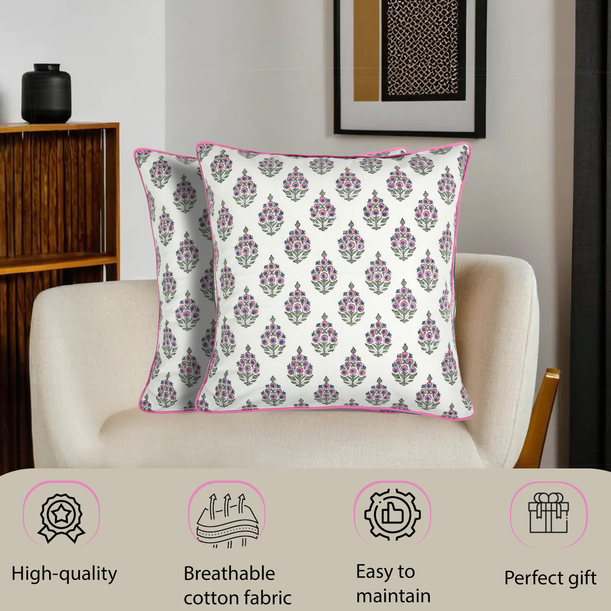 Two patterned pillows on a chair with product features displayed below.
