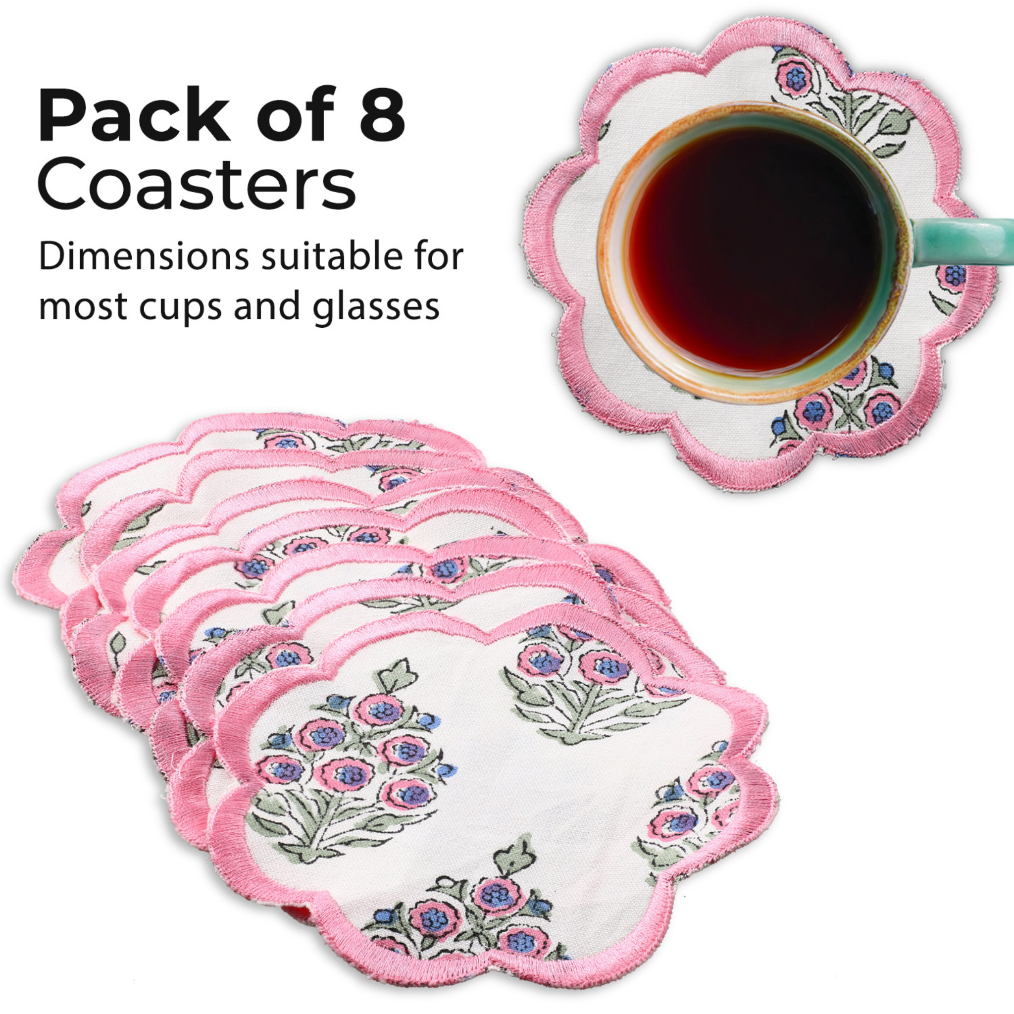 Pack of 8 floral coasters with a cup of tea on a white background