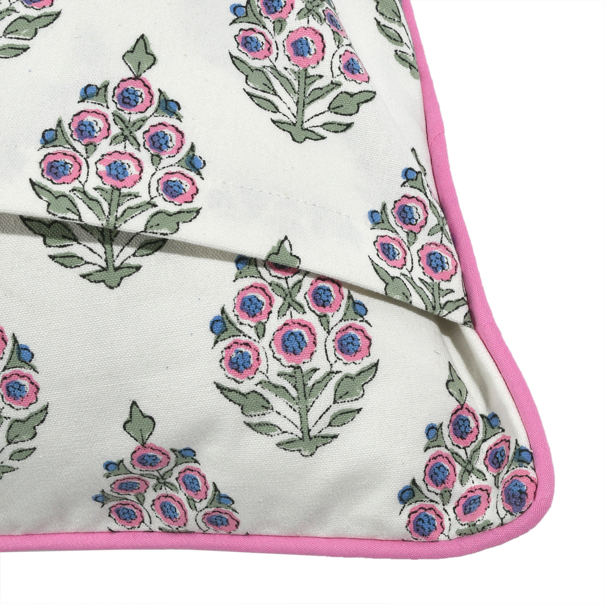 Floral patterned fabric with pink border on a white background