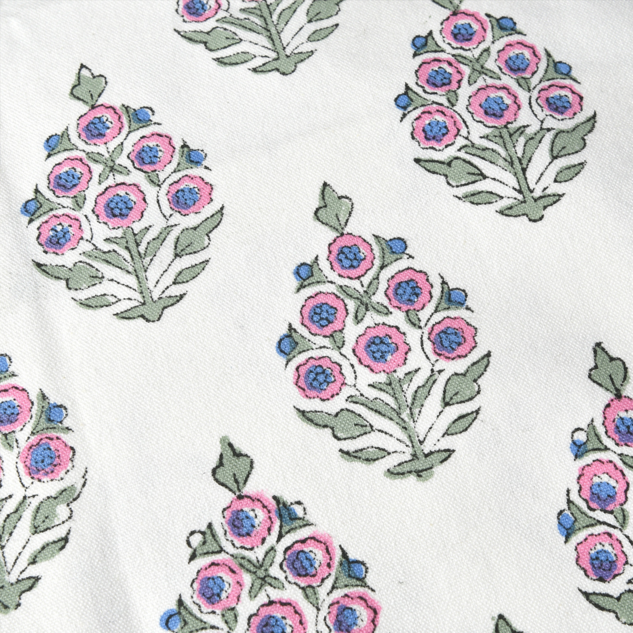 Floral pattern with pink and blue flowers on a white background