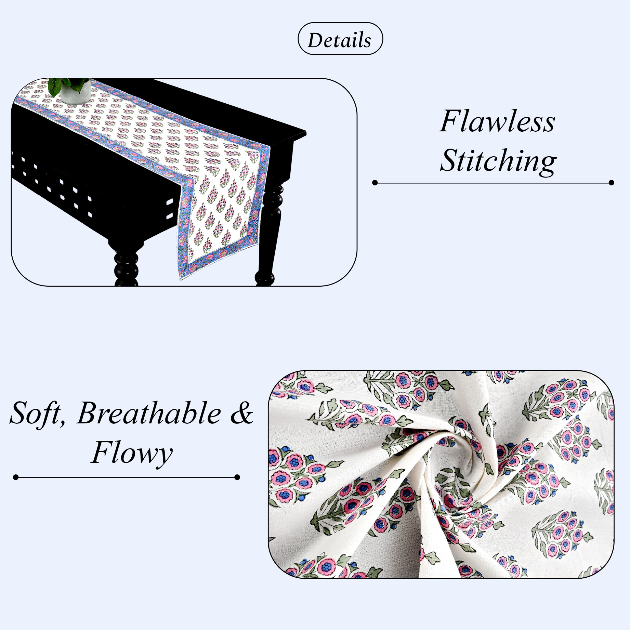 Floral patterned fabric with stitching details on a white background