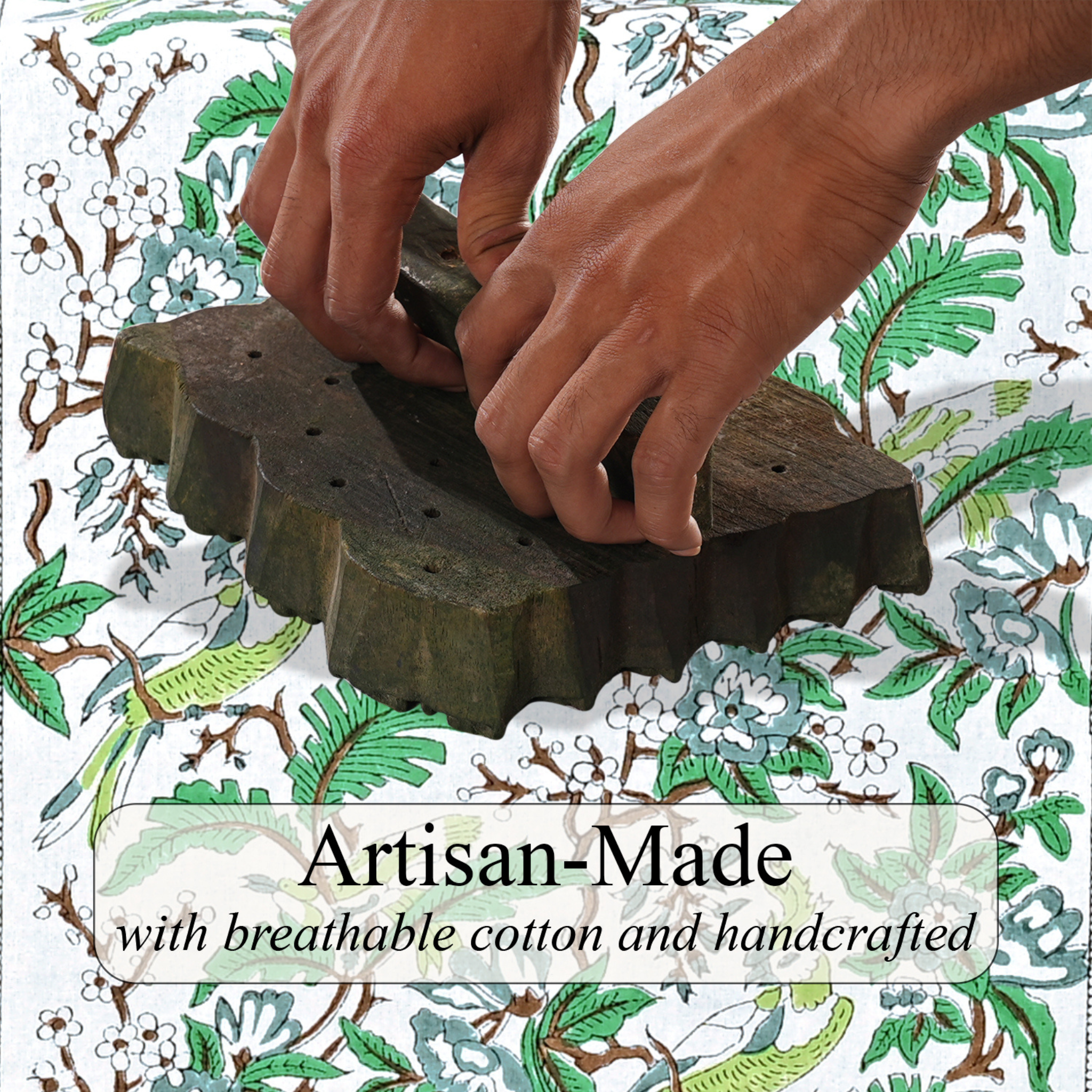 Hands using a wooden tool on a product with floral and leaf patterned background