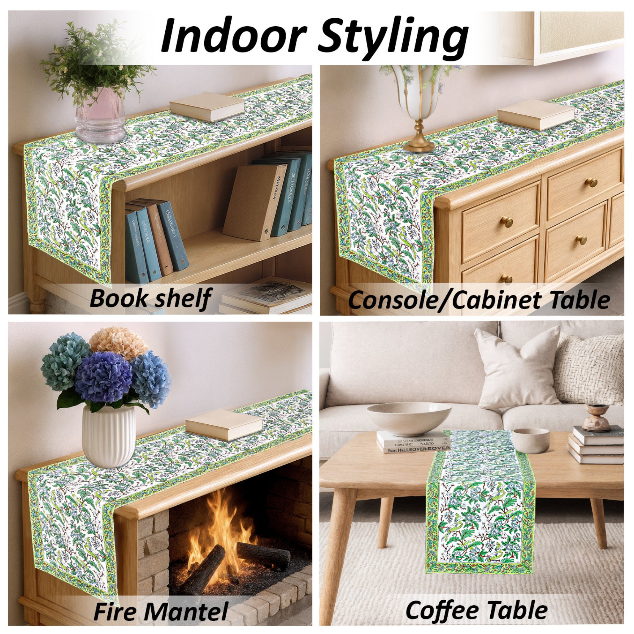 Green floral table runner displayed on various furniture pieces with text 'Indoor Styling'.