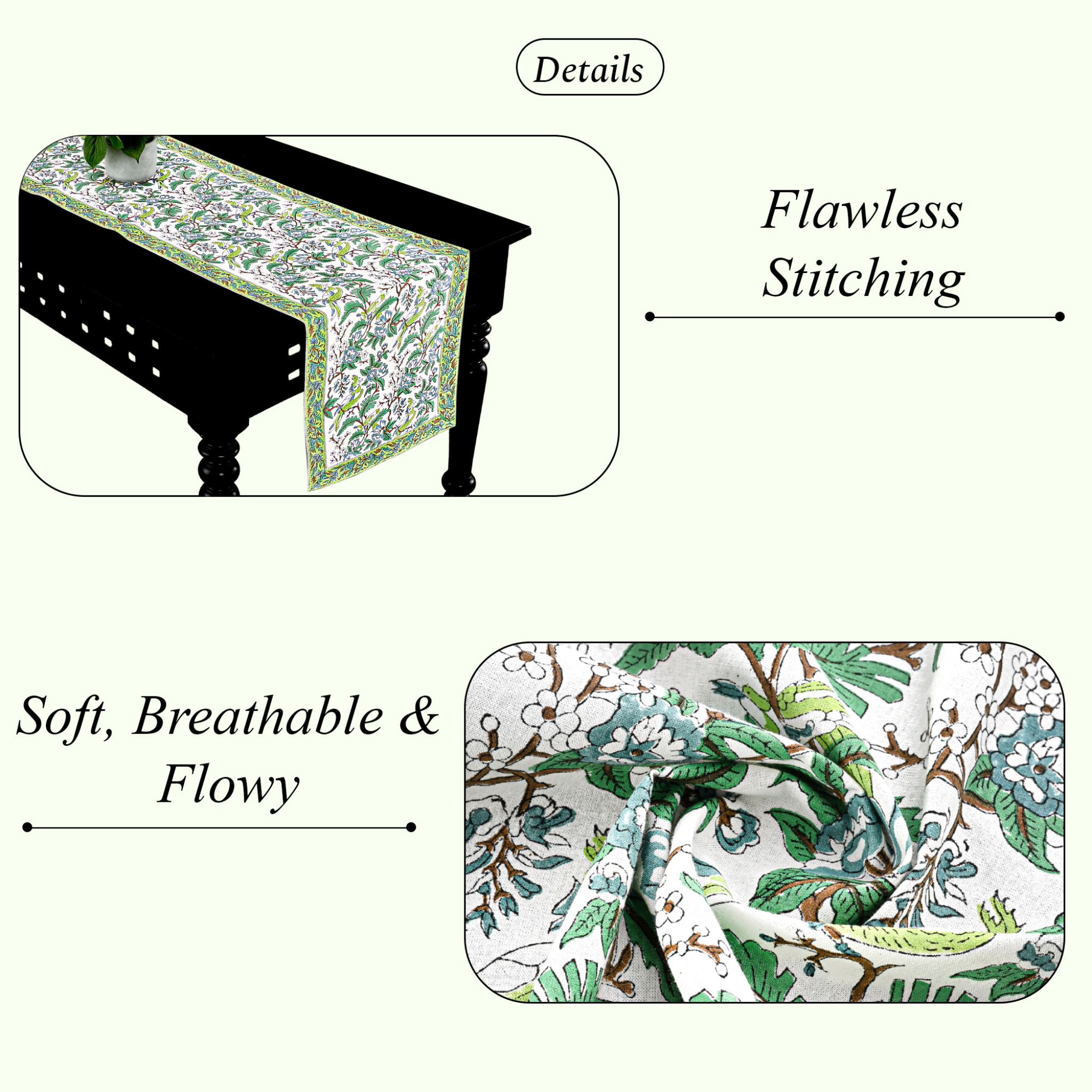 Table runner with floral pattern on a table, highlighting 'Flawless Stitching' and 'Soft, Breathable & Flowy' text.