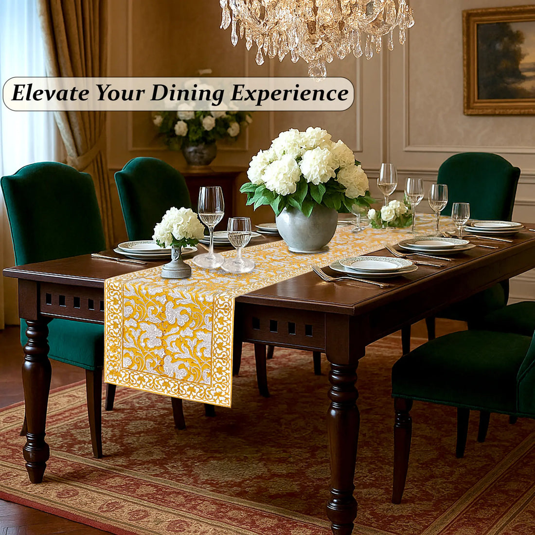Dining room with a table set for dinner, flowers, and a chandelier.
