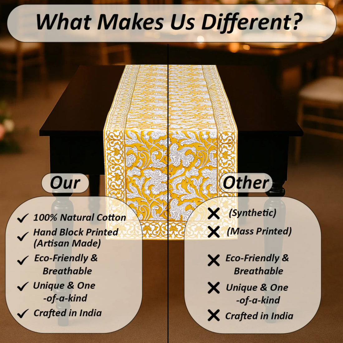 Table runner with decorative pattern on a table, comparing 'Our' product to 'Other' products.