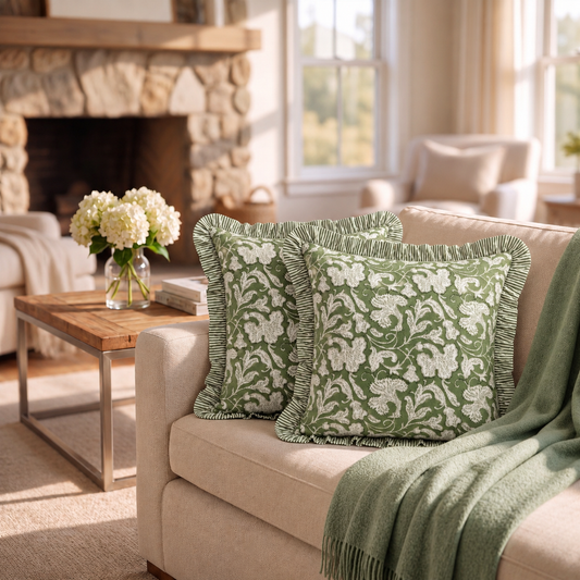 Sage Green Ruffle Pillow Cover Ridhi Block Print