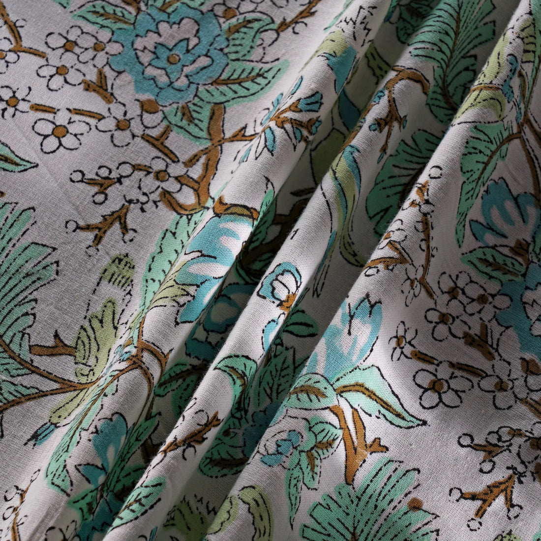 Close-up of floral fabric with green, brown, and blue patterns on a white background