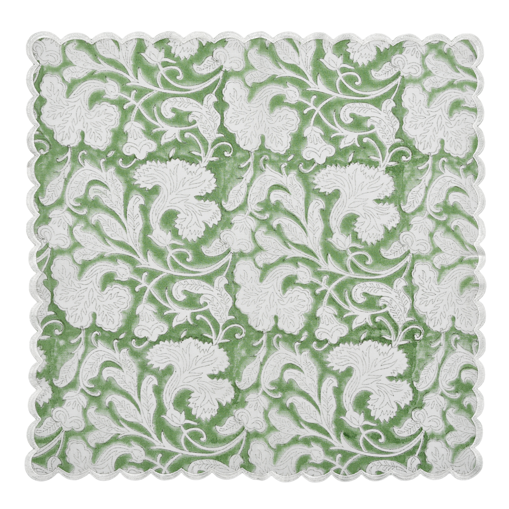 Decorative square mat with white floral pattern on a green background