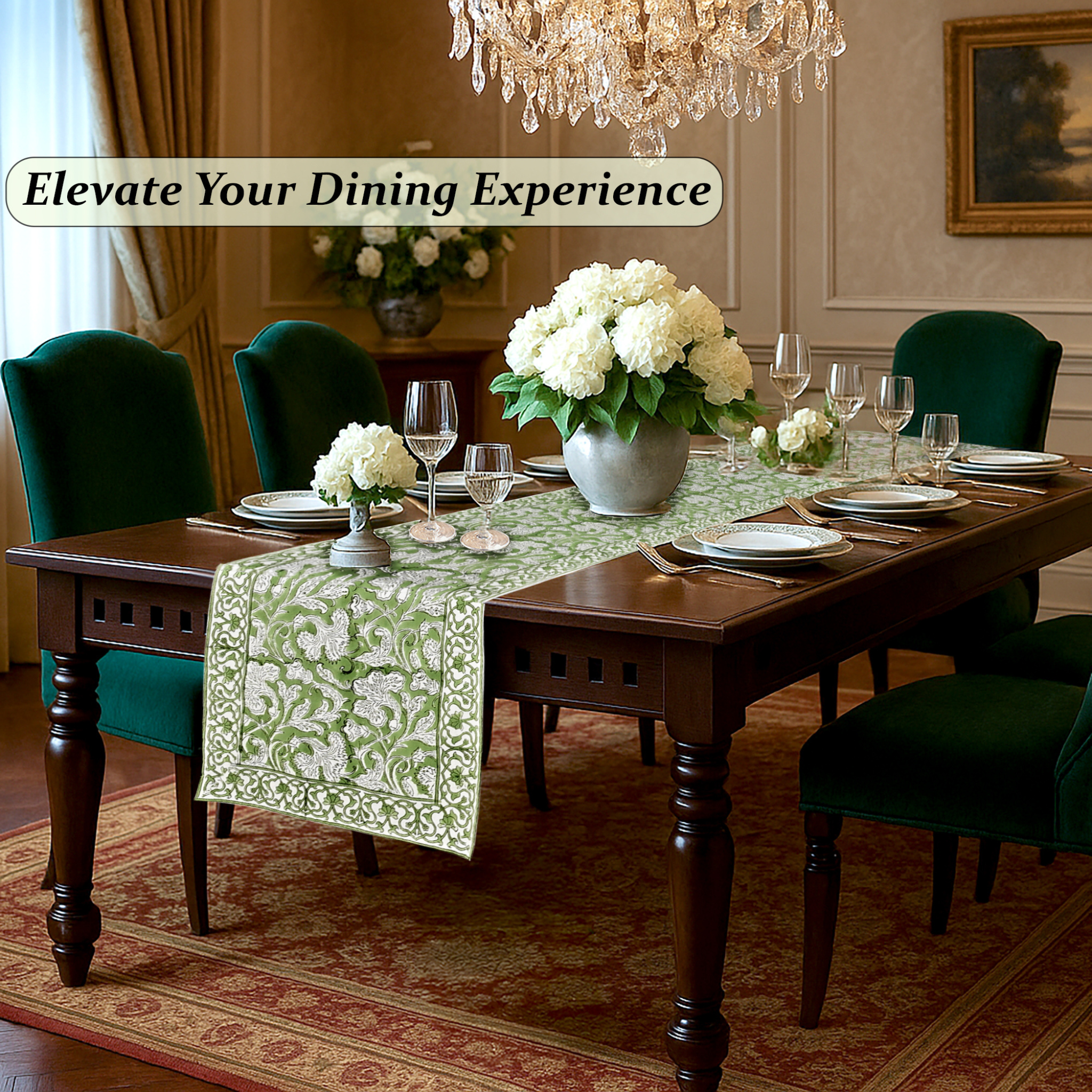 Dining room with a table set for a meal, flowers, and a chandelier.