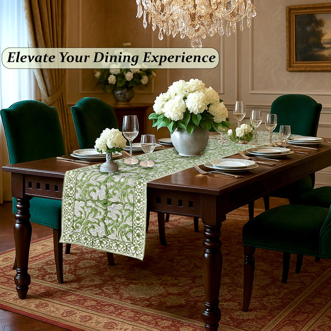 Dining room with a table set for a meal, flowers, and a chandelier.