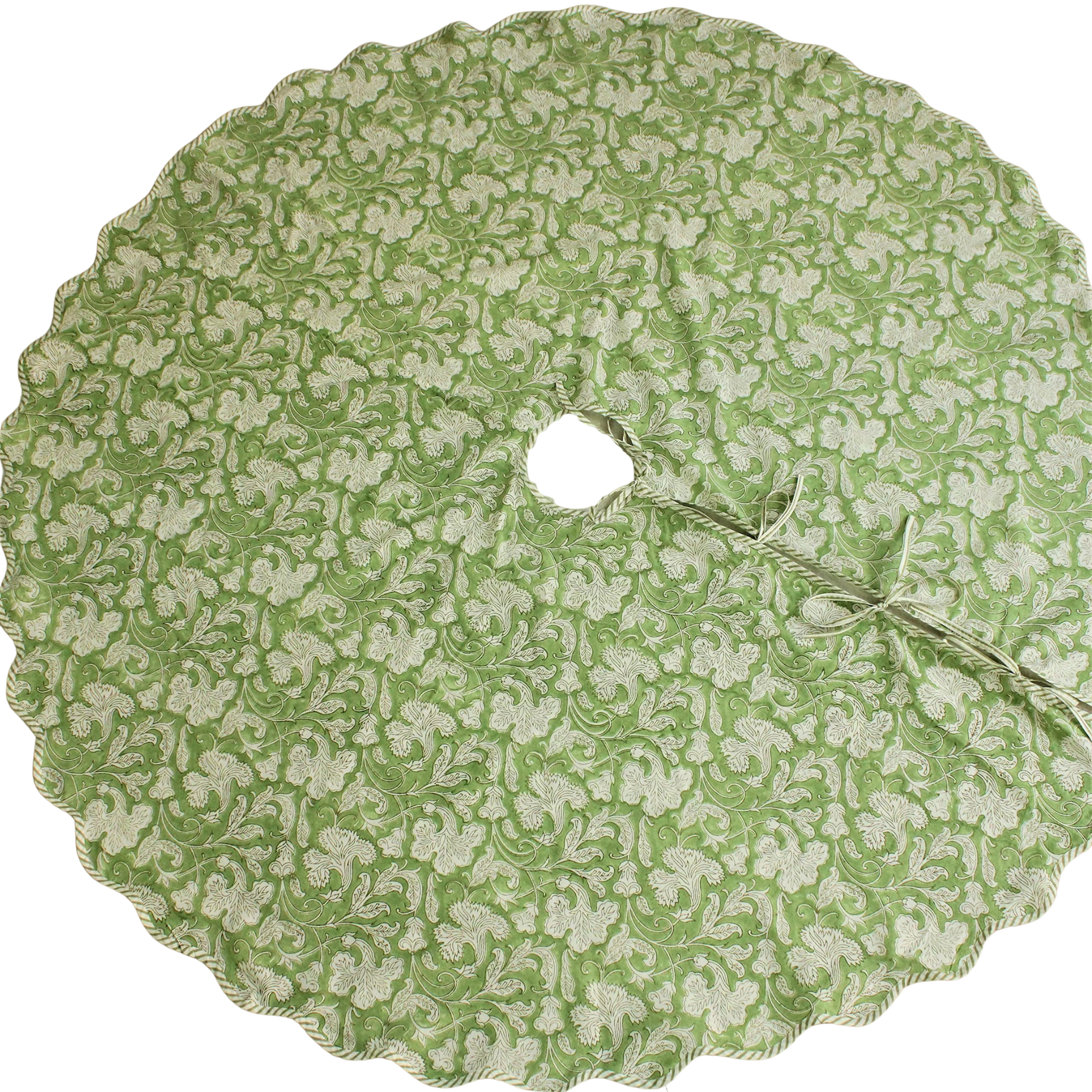 Green floral patterned tree skirt on a white background