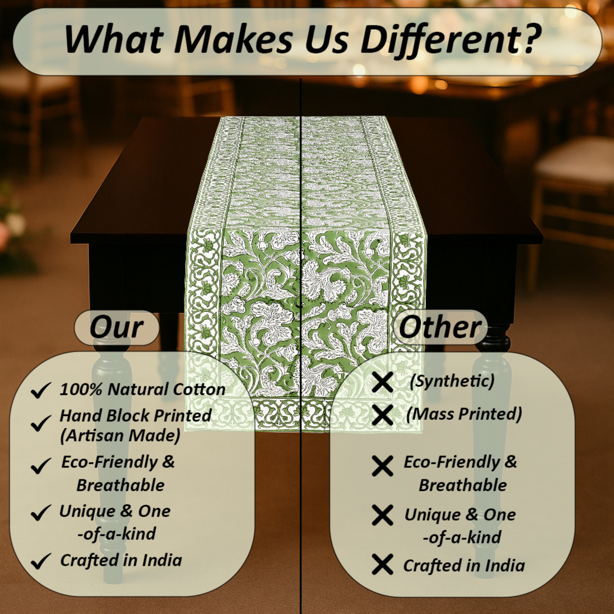 Table with a green floral tablecloth, comparing 'Our' product to 'Other' options.