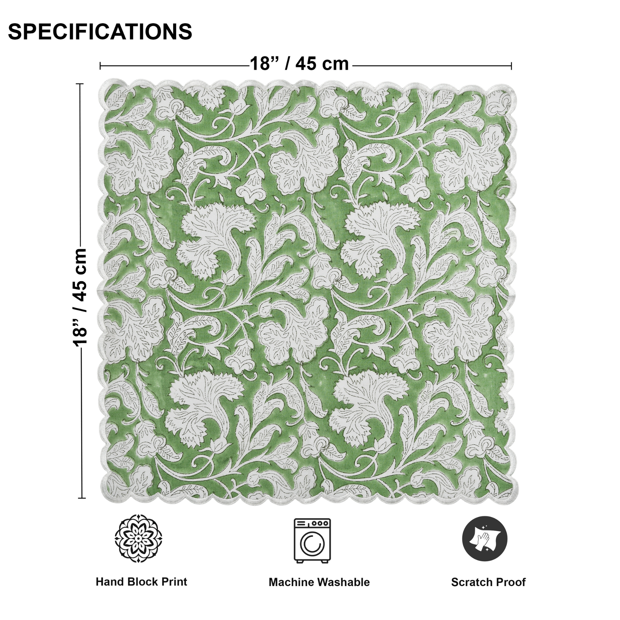 Green and white floral patterned fabric with dimensions and care label icons on a white background
