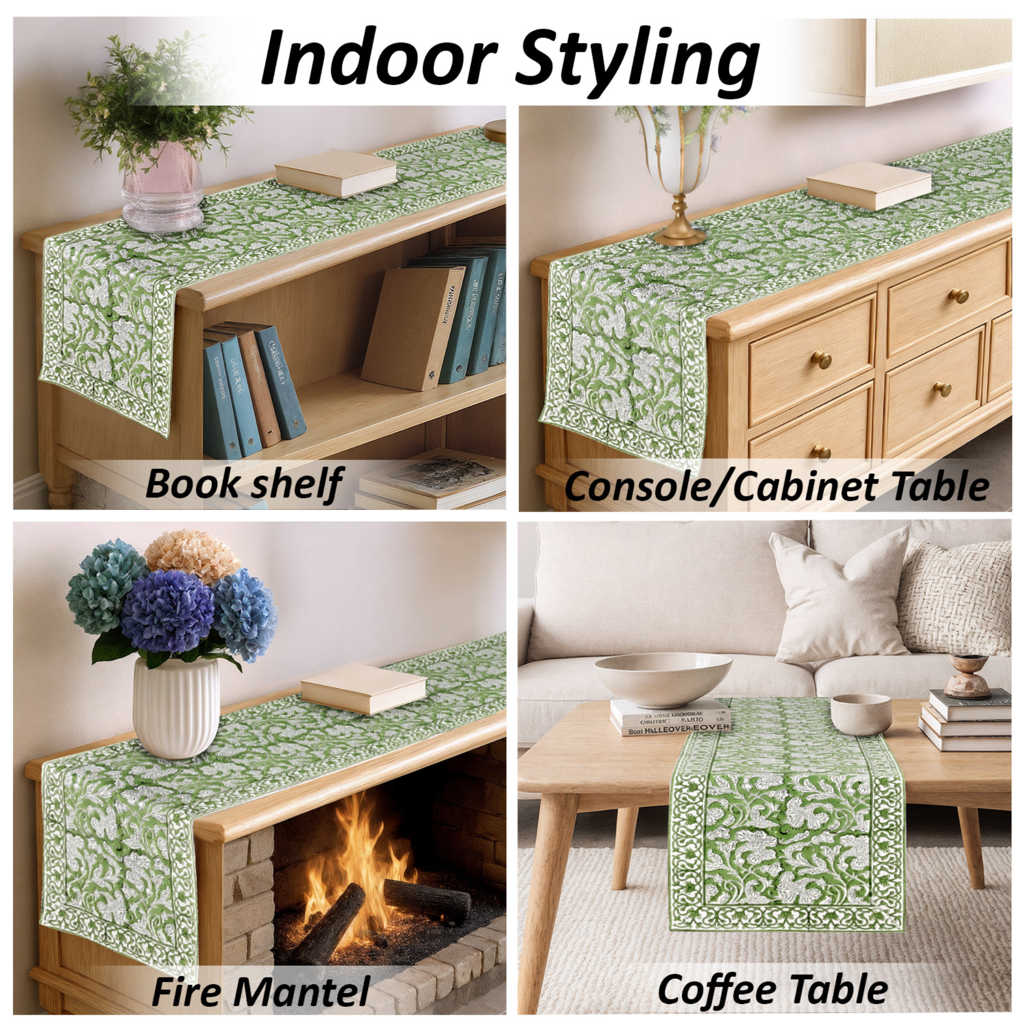 Green patterned table runner displayed on various furniture items with text 'Indoor Styling'.