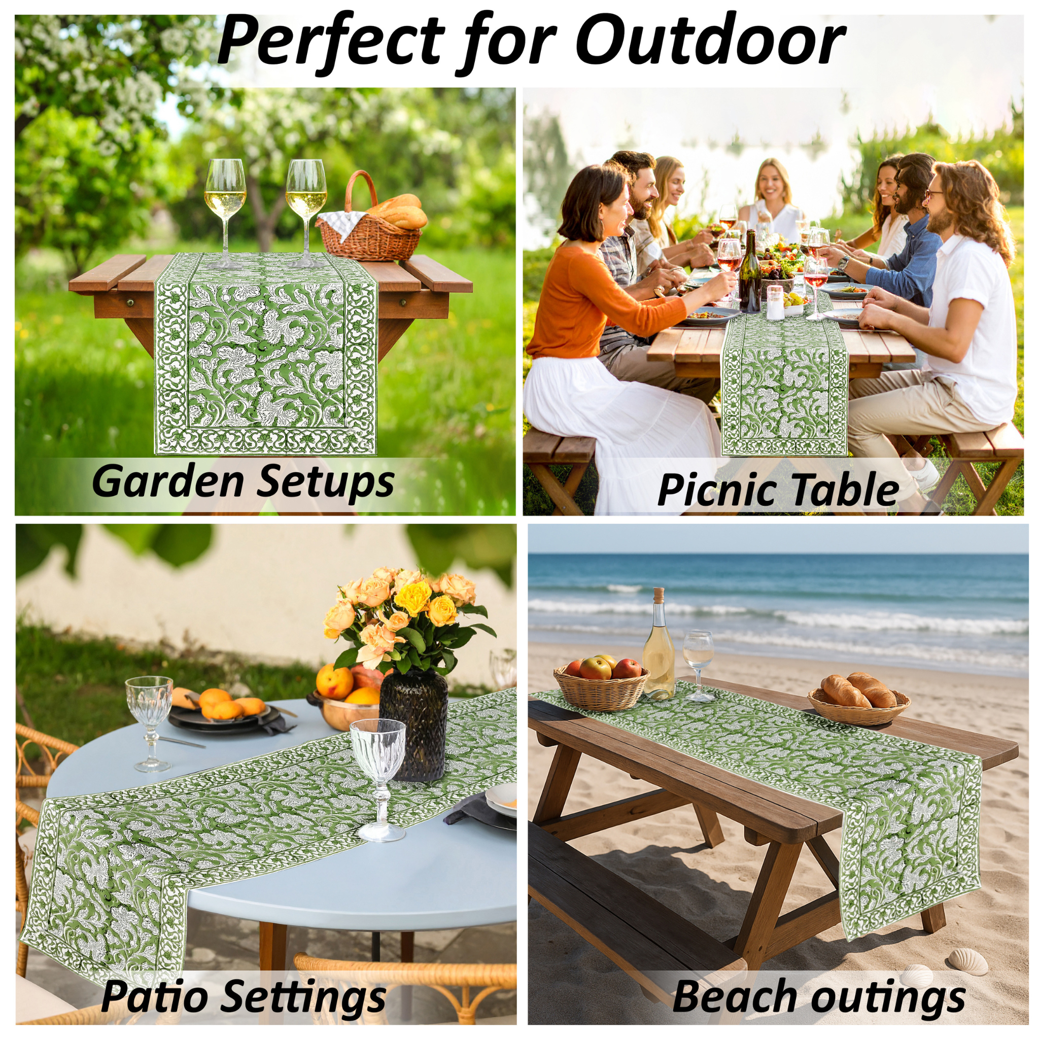 Green patterned tablecloth used in various outdoor settings including garden, picnic, patio, and beach.