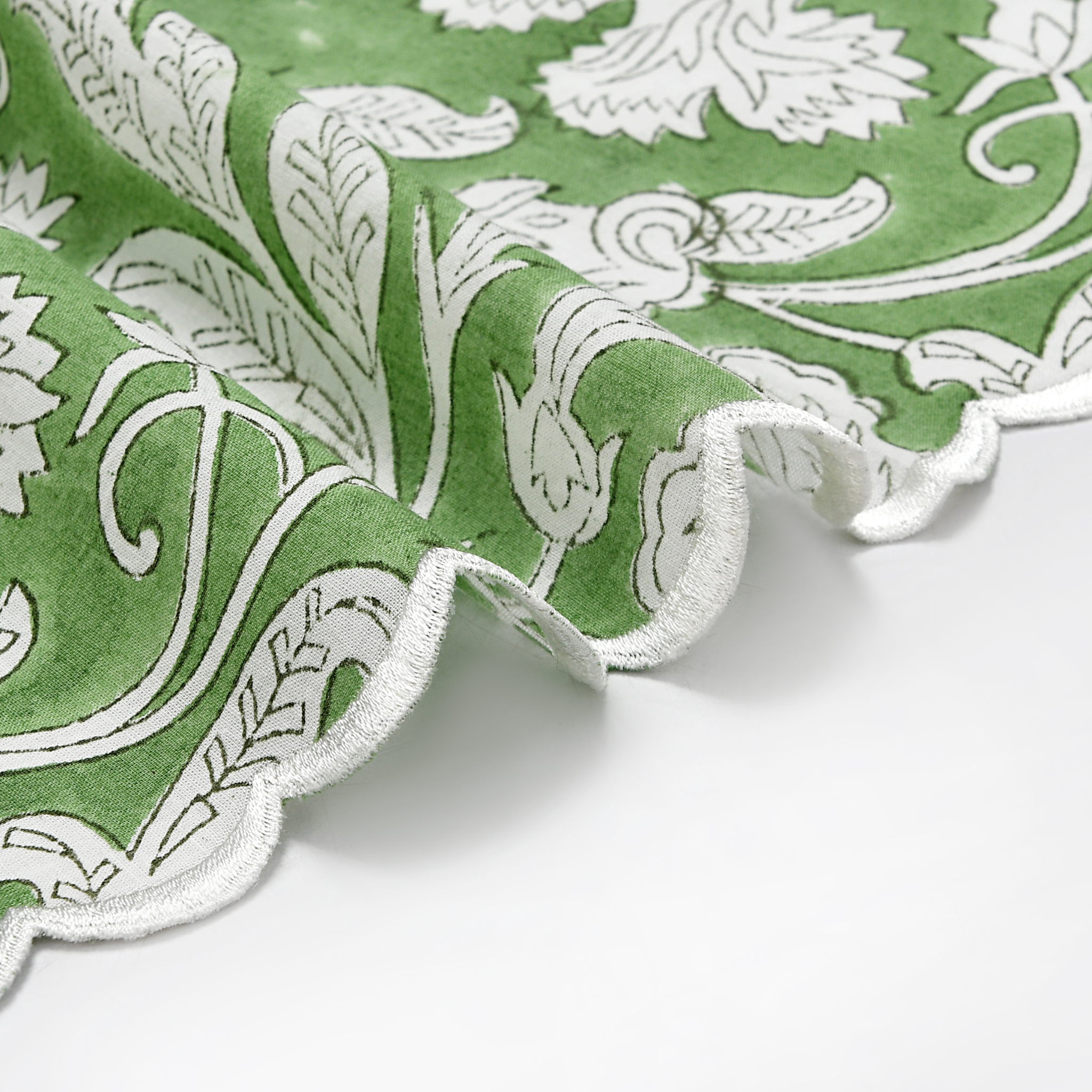 Close-up of green fabric with white floral patterns on a white background
