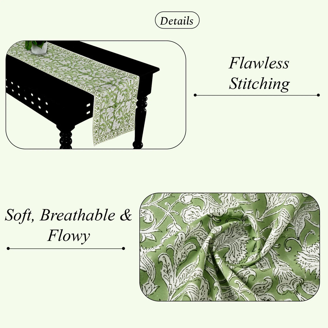 Green patterned table runner on a black table with text highlighting 'Flawless Stitching' and 'Soft, Breathable & Flowy'.